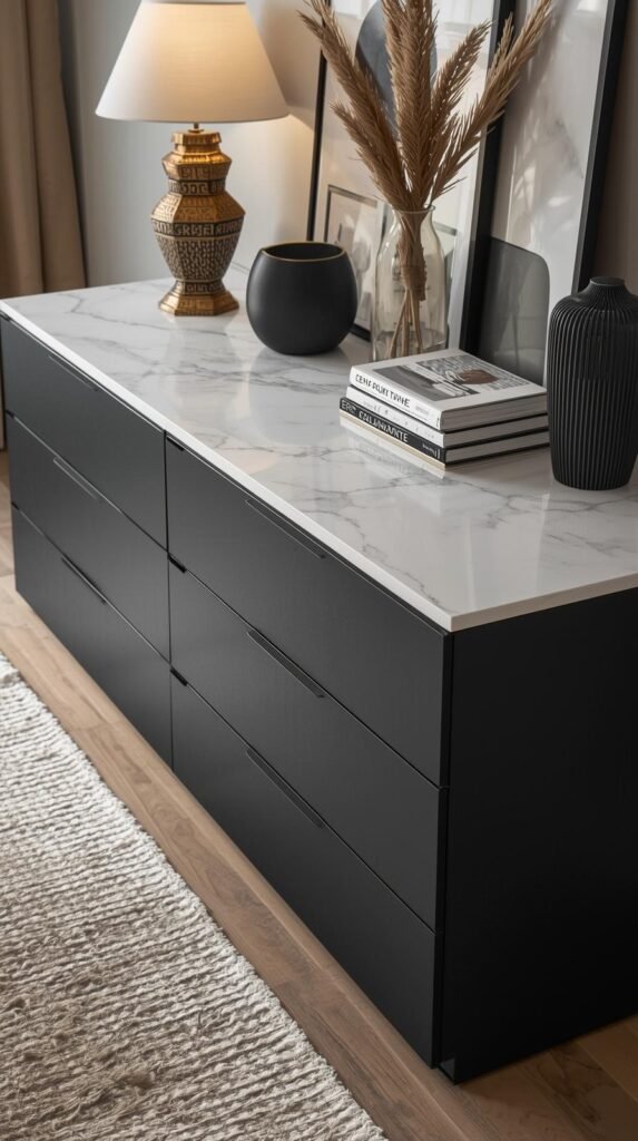 Modern dresser with marble contact paper top and matte black drawer fronts, layered bedroom decor, neutral rug.