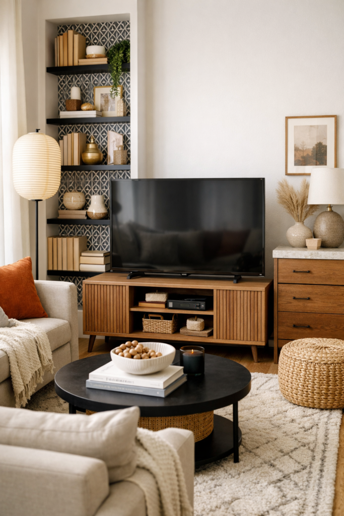 Modern living room featuring multiple subtle contact paper upgrades wood-wrapped TV stand, marble-topped dresser in background, styled bookshelf with patterned backing.