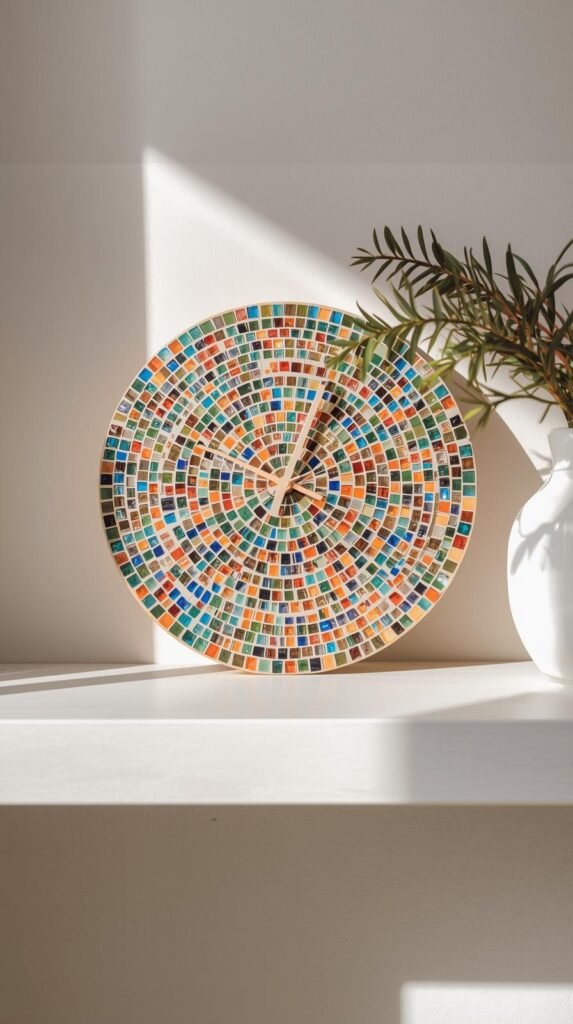 Mosaic clock face made with glass tiles, minimalist design, clock hands centered, styled on a shelf.