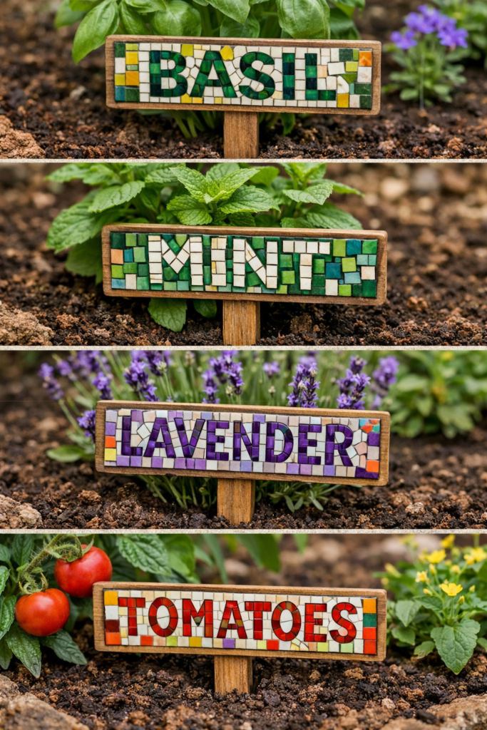 Mosaic garden markers spelling plant names with glass tiles, placed in soil near herbs or flowers.