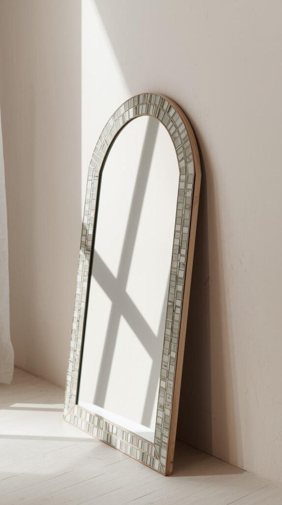 Mosaic mirror with glass tile frame leaning against a wall, reflective surface catching soft daylight, clean modern styling.