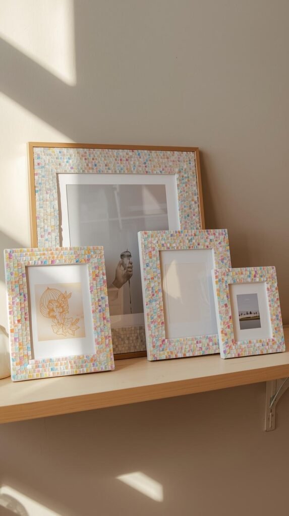 “Mosaic picture frames decorated with glass tile pieces in soft colors, standing on a shelf with minimal art prints inside.