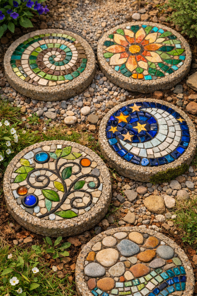 Mosaic stepping stones with embedded glass tiles arranged outdoors on gravel or grass, organic patterns, natural tones mixed with color pops, soft daylight, garden DIY aesthetic, textured surfaces visible, Pinterest-style photography, 916 vertical