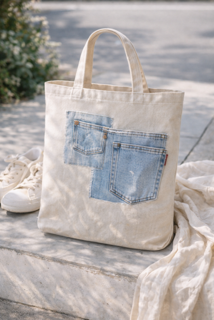 Natural canvas tote with vintage light-wash denim pocket sewn on front, visible stitching detail