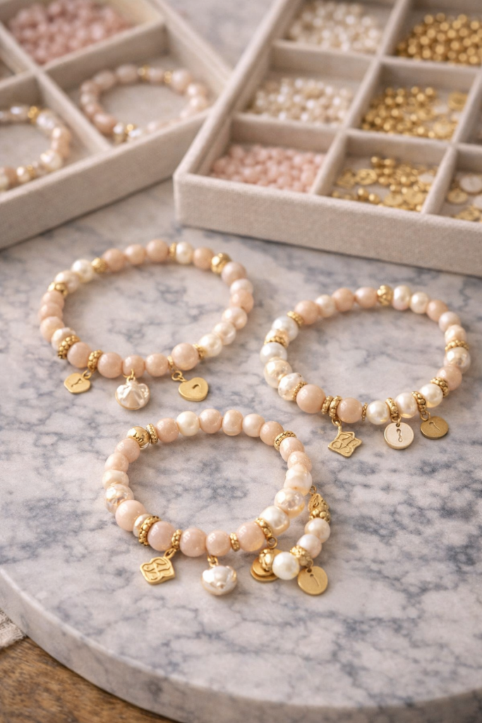 Neutral and gold beaded charm bracelets laid out on a marble surface. 
