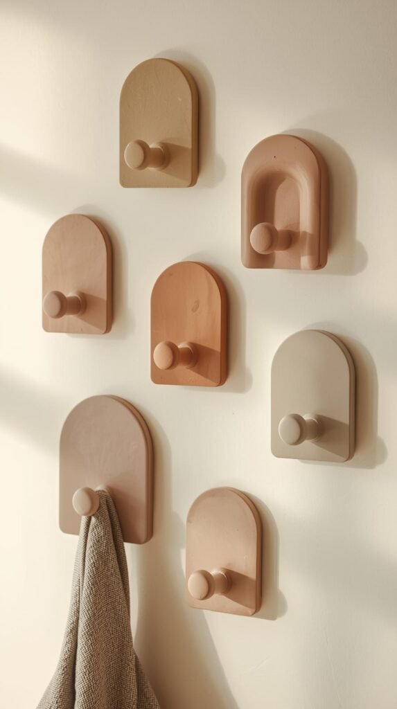 Neutral clay wall hooks in arch and rounded shapes mounted on a warm off-white wall. Hooks in sand, clay, and light taupe tones holding minimal accessories. 