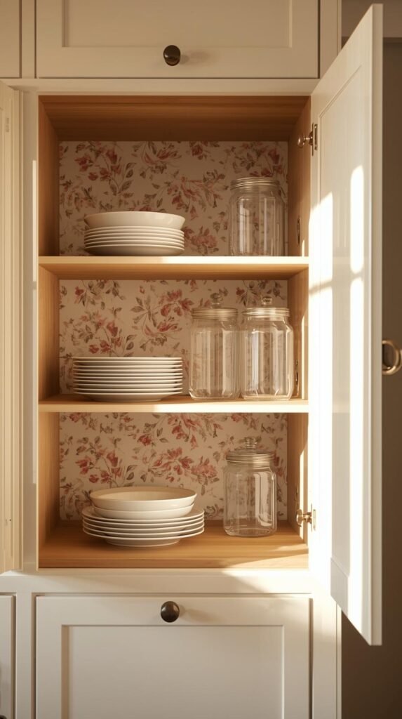 Contact Paper Furniture - Open kitchen cabinet with floral peel and stick wallpaper on interior back panel, neatly stacked white dishes, glass jars, warm natural lighting.