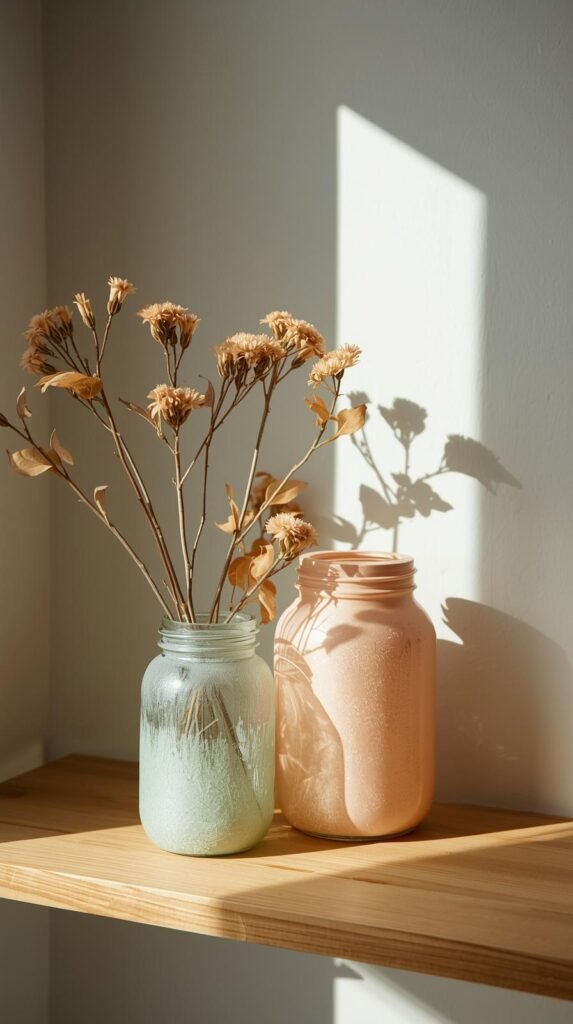 Painted glass jars with frosted and soft color finishes, styled as vases on a shelf.