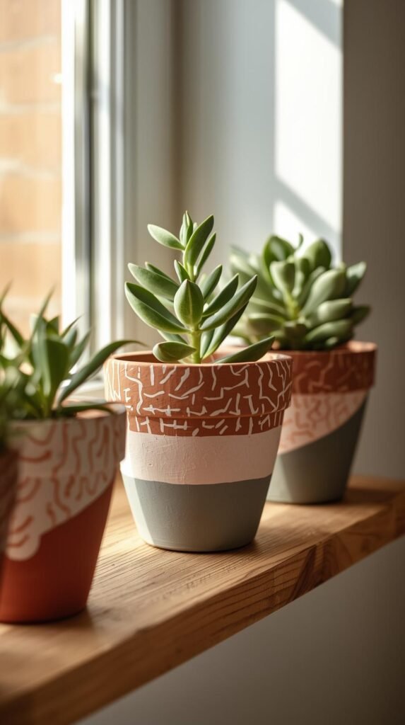 Painted terracotta plant pots with modern patterns and soft earthy colors. Small houseplants inside, styled on a windowsill.