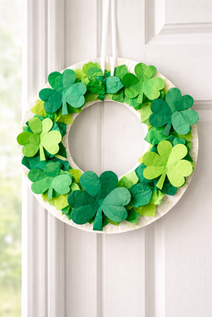 Paper plate shamrock wreath covered in layered green tissue paper, oversized shamrock cutouts.