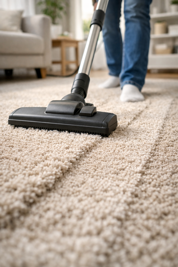 Person vacuuming carpet slowly in overlapping passes, focus on vacuum head gliding over carpet fibers, visible texture in the carpet pile.
