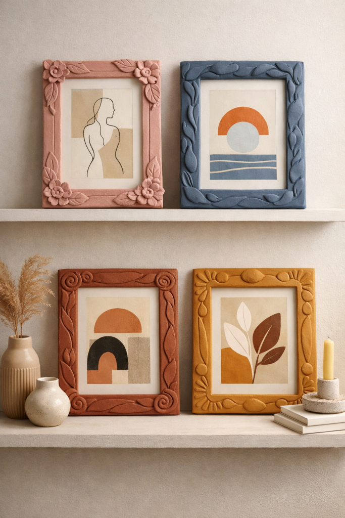 Picture frames upgraded with sculpted clay borders in clay pink, slate blue, muted rust, and warm ochre. 