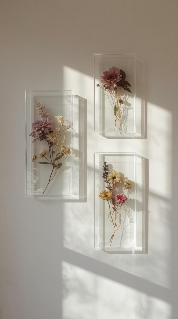 Pressed flowers arranged inside floating glass frames, botanical and minimal aesthetic.
