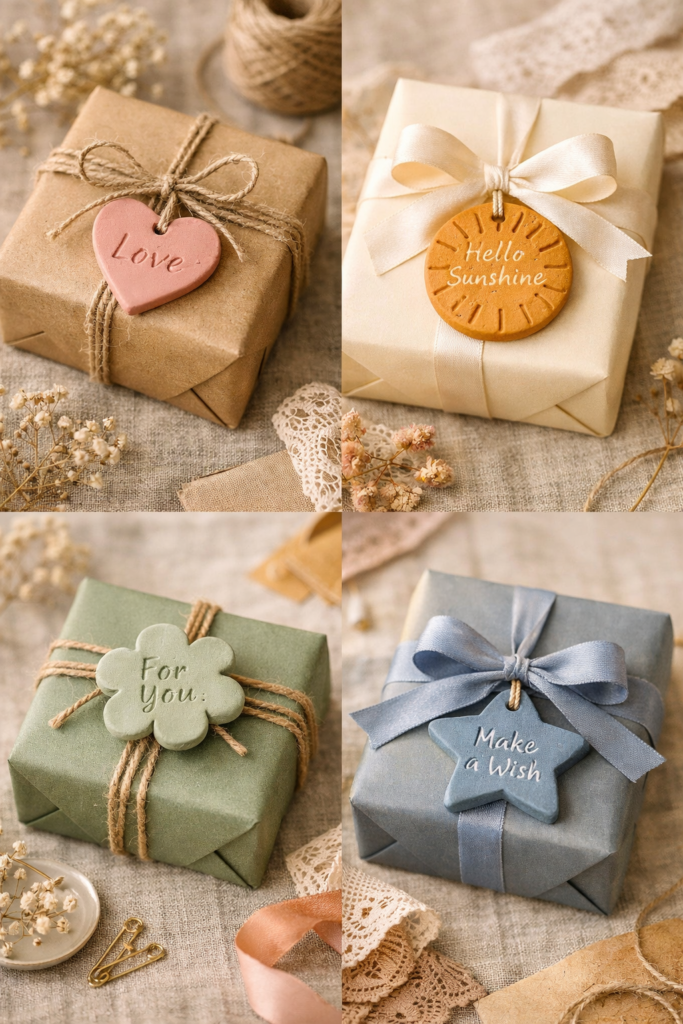 Reusable clay gift tags and toppers in clay pink, warm ochre, muted sage, and dusty blue tied to wrapped gifts.
