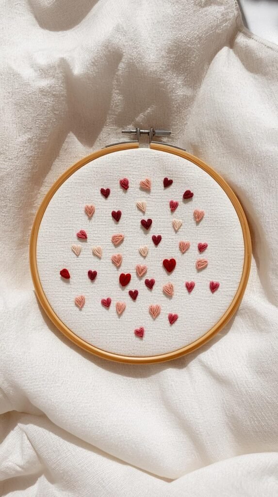 Scattered tiny embroidered hearts in soft blush and muted red thread on ivory cotton fabric, small wood hoop.