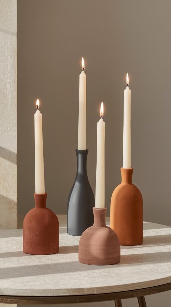 Sculptural clay candle holders in muted rust, slate blue, and warm clay tones holding taper candles. 