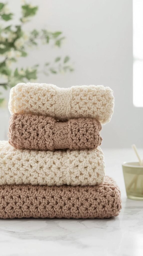 Set of crochet washcloths stacked neatly, textured cotton stitches visible, neutral spa-inspired colors, clean bathroom setting