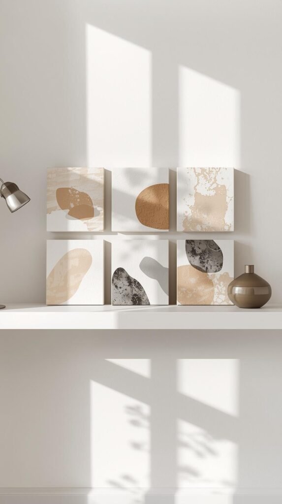 Set of mini canvases with cohesive abstract designs arranged in a grid on a shelf.
