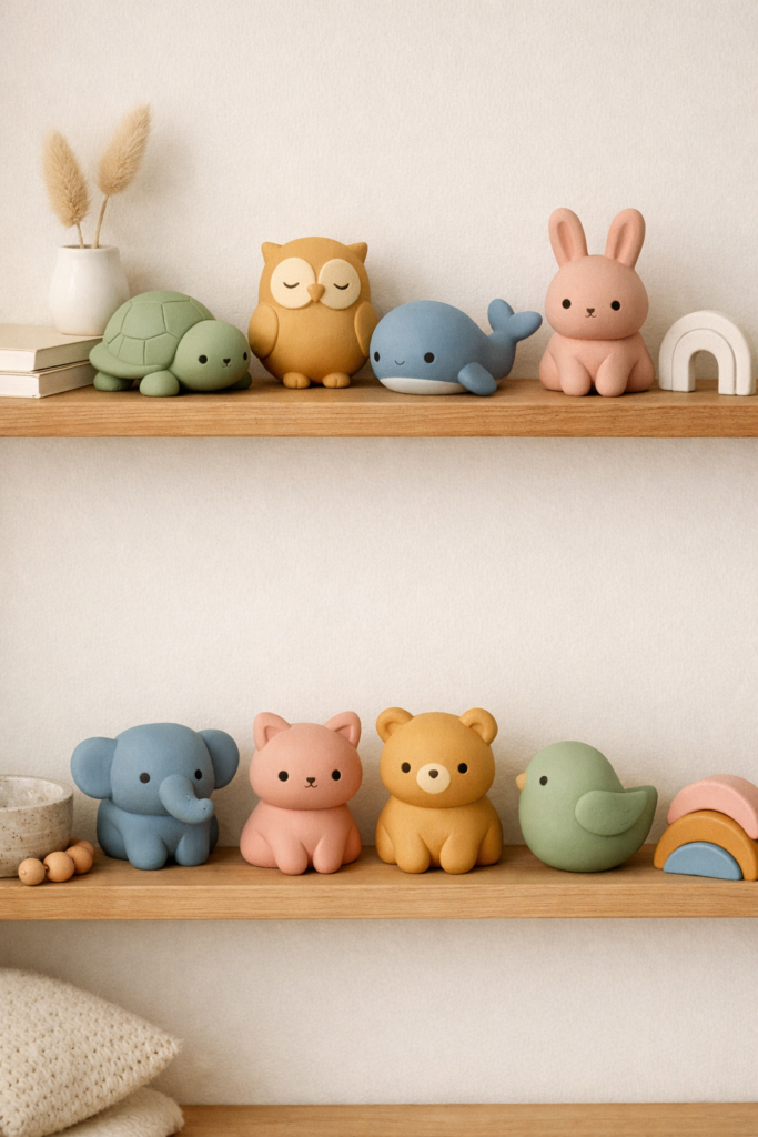 Simple clay animal figures in muted pastel tones like sage green, clay pink, dusty blue, and warm ochre. 