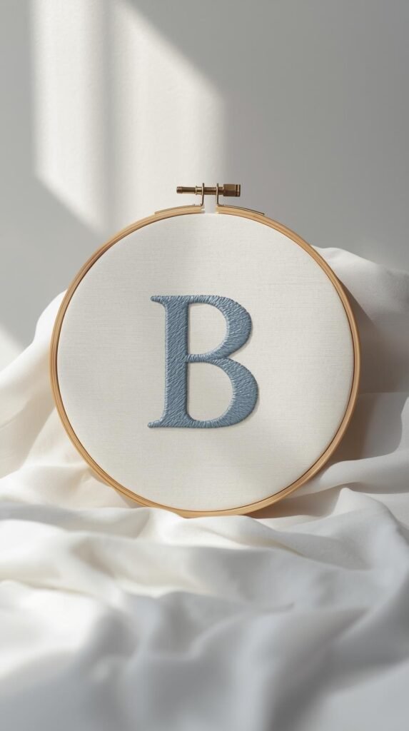 Single bold serif monogram embroidered in muted dusty blue thread on crisp white cotton fabric, centered inside a wooden hoop.