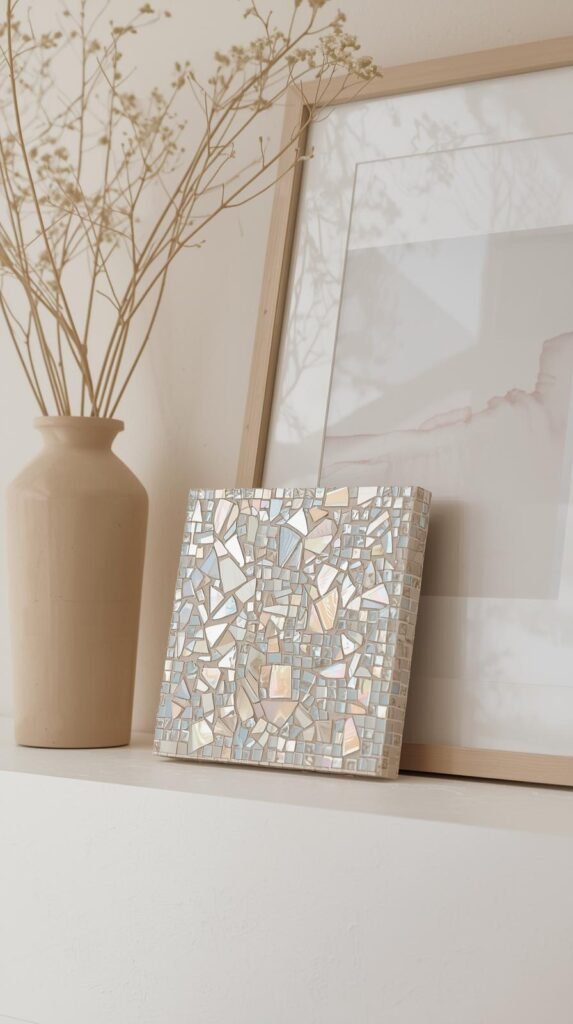 Single mosaic accent tile displayed as decor, leaning on a shelf, abstract glass tile pattern.