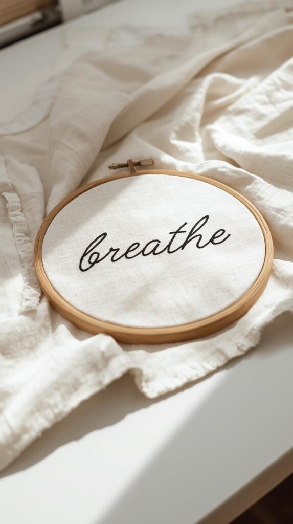 Single word “breathe” stitched in flowing black script on off-white linen fabric, minimal composition 