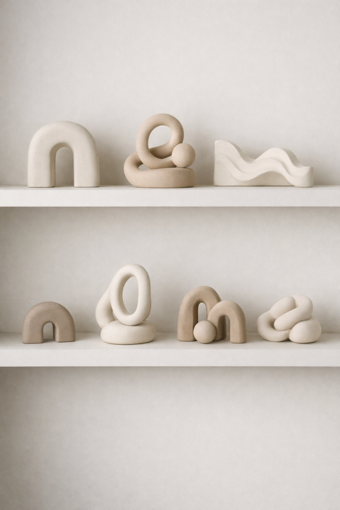 Small abstract clay sculptures in soft neutral tones with sculptural curves and arches. 