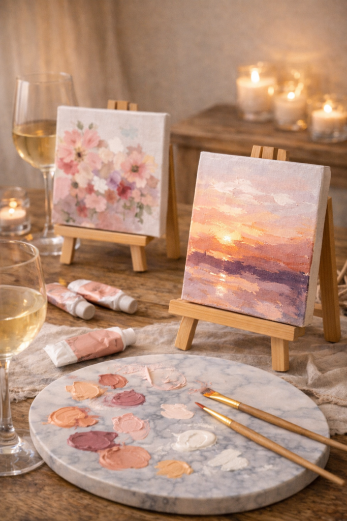 Small canvases on tabletop easels with abstract floral and sunset paintings in progress. 