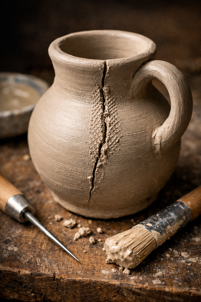 Small clay vase with handle cracking at seam, visible scored texture detail before blending, needle tool and slip brush placed beside project.
