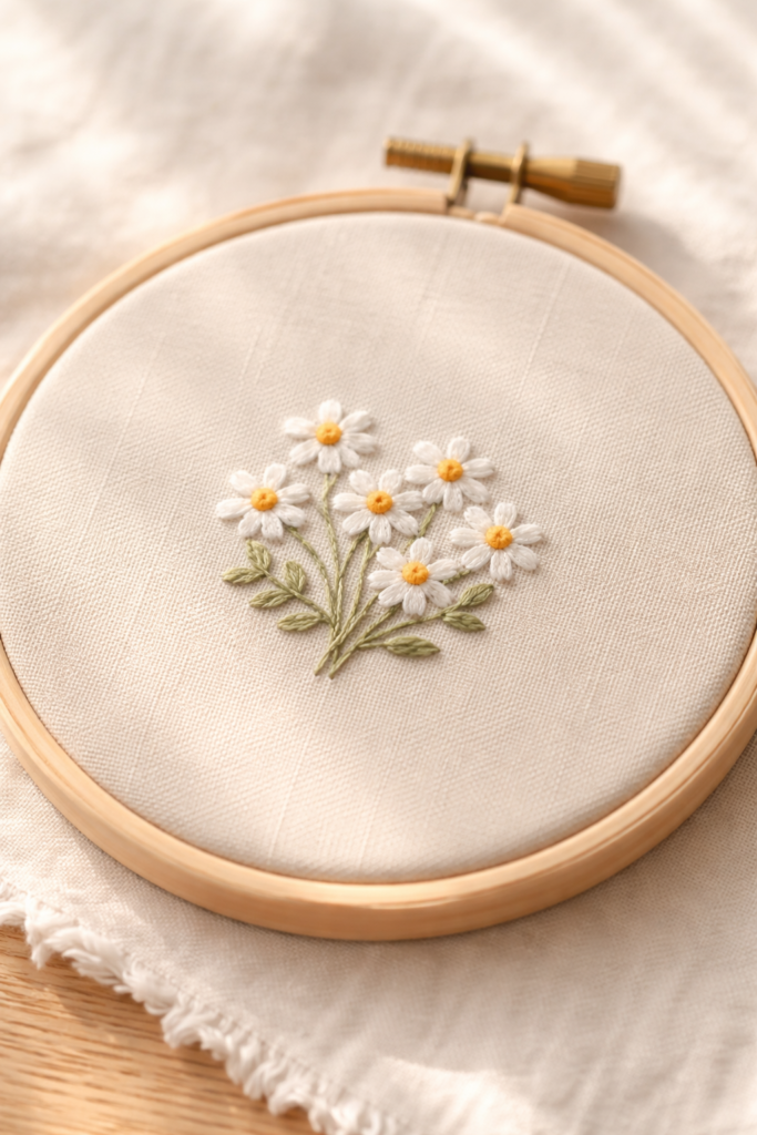 Small cluster of white lazy daisy flowers with golden yellow French knot centers, stitched on soft beige cotton fabric.