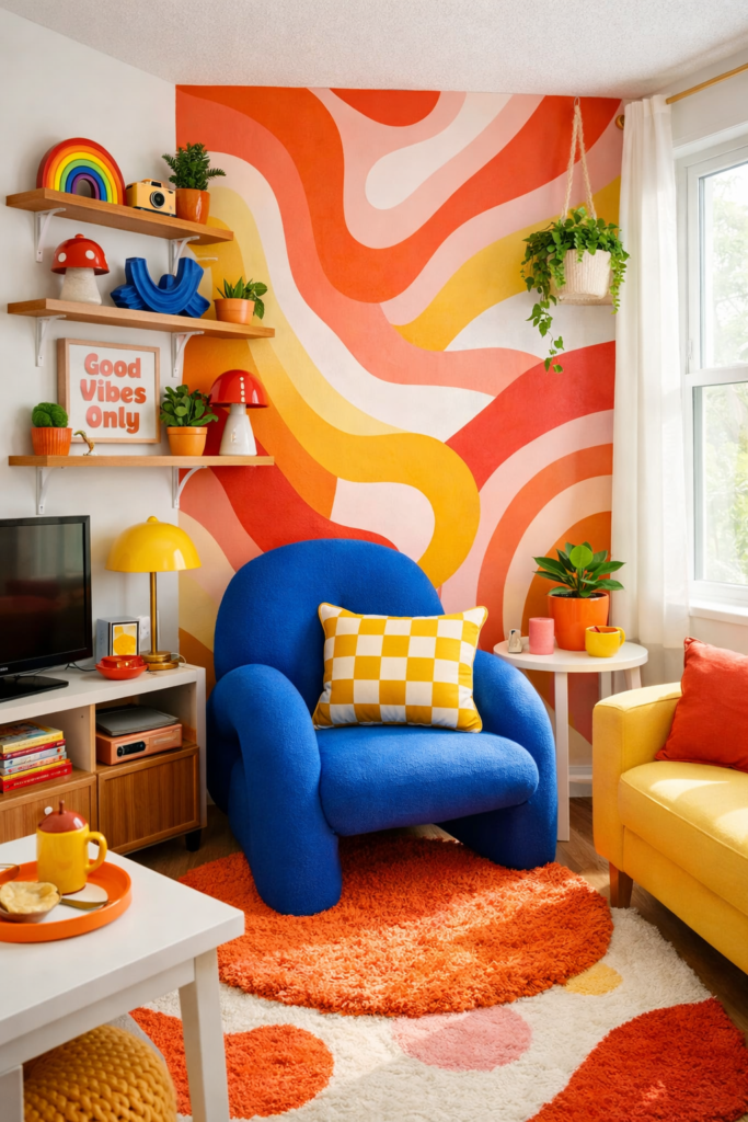 Small colorful apartment living space styled with bold accent chair, peel-and-stick graphic wallpaper, floating shelves with curated quirky decor, compact layout.