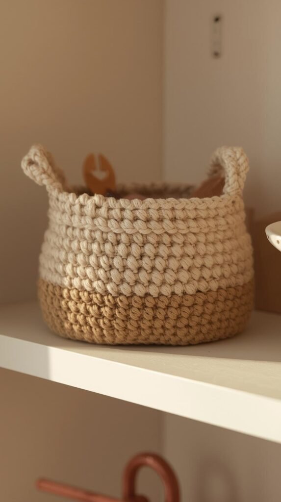 Small crochet basket on a shelf holding craft supplies, thick yarn texture, neutral earthy tones, minimal shelf styling, cozy and functional home decor, warm lighting, clean composition, Pinterest-style editorial photo