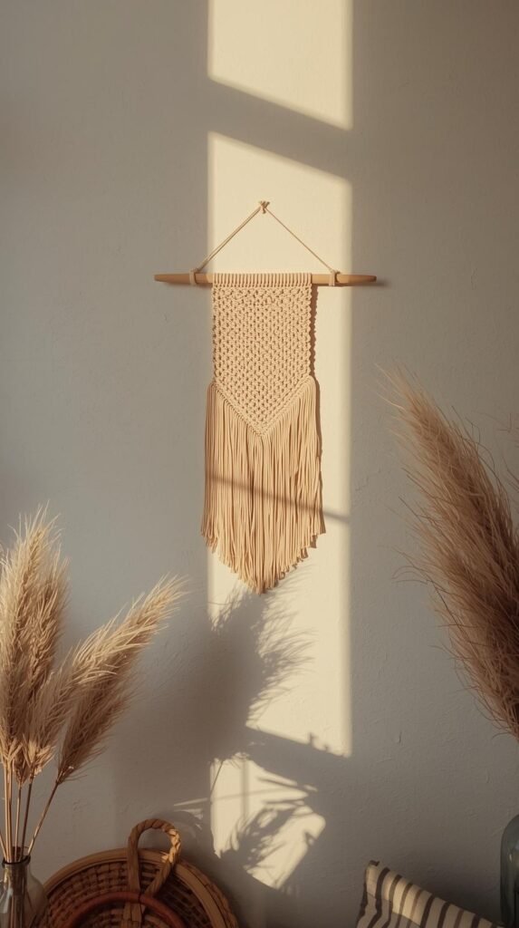 Small crochet wall hanging displayed on a neutral wall, simple stitch pattern, wooden dowel rod, soft yarn fringe, boho-inspired decor, warm daylight, minimal surrounding decor
