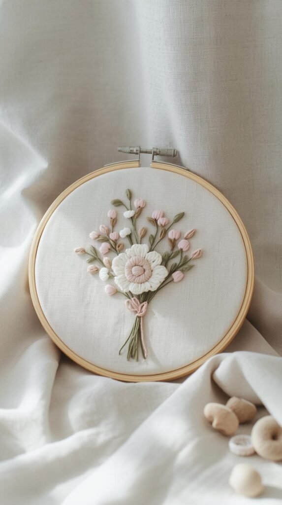 Small floral bouquet embroidery with muted blush, sage, cream, and dusty blue threads on natural linen fabric, delicate stems and French knot centers, centered in wooden hoop, styled on neutral background with soft natural light, modern romantic handmade aesthetic, Pinterest-style editorial photography, vertical 9:16