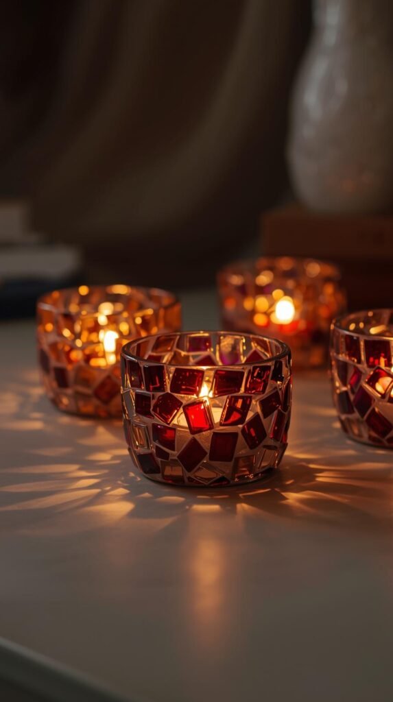Glass mosaic candle holders glowing softly with lit candles, translucent tiles creating warm light reflections.