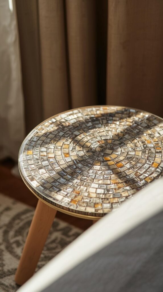 “Small mosaic-tiled side table or stool, glass tiles covering the top surface, styled in a modern living room corner.