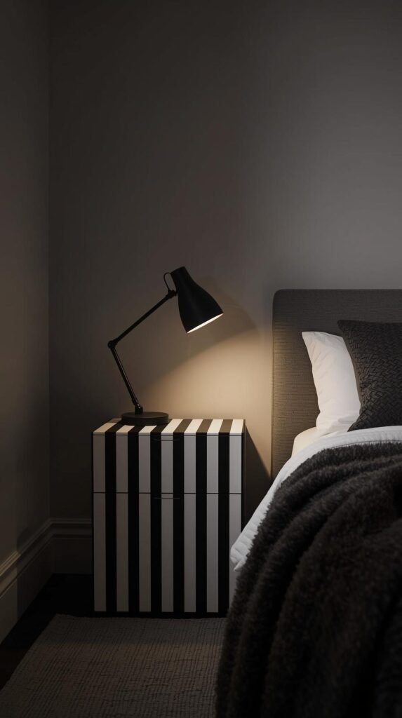 Small nightstand wrapped in black and white striped peel and stick wallpaper, modern table lamp, textured throw blanket on bed.