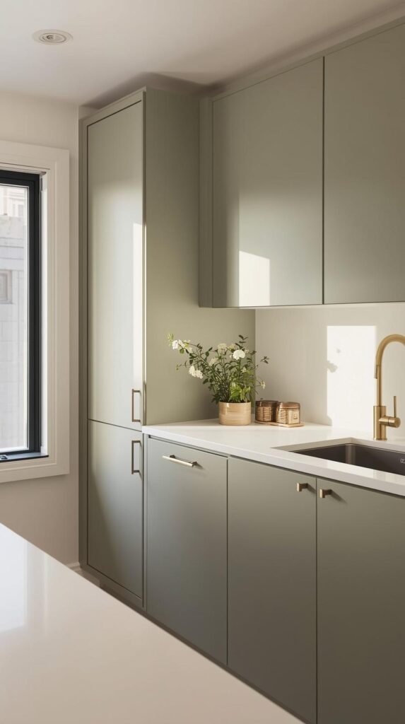 Small rental kitchen with flat cabinet doors wrapped in matte sage contact paper, modern brass hardware, white countertops.