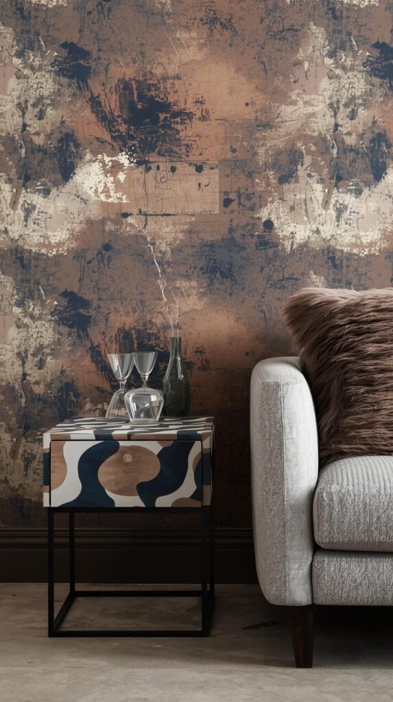 Small side table wrapped in abstract peel and stick wallpaper in muted rust and navy tones, modern sofa beside it, layered throw pillow.
