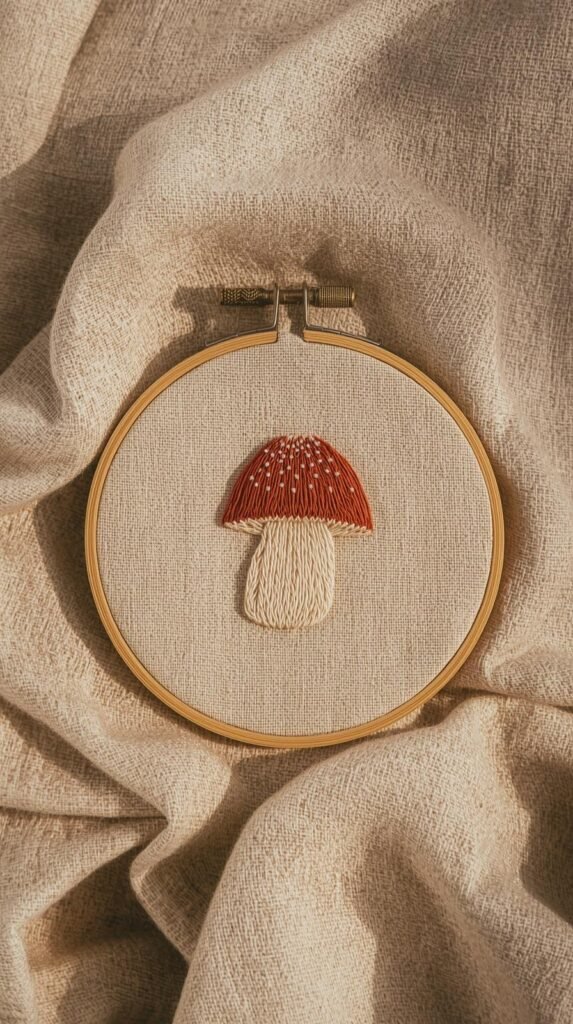 Small whimsical mushroom embroidery in earthy rust and cream tones on natural linen fabric, rounded cap with tiny embroidered dots, wood hoop.