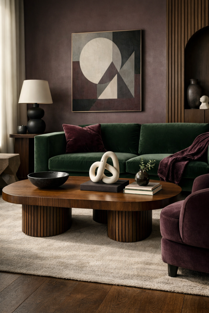 Sophisticated dopamine-inspired living room featuring rich emerald and aubergine tones, velvet seating, matte ceramic lamp, structured wood coffee table, subtle sculptural shapes, curated styling with limited novelty decor, grounded neutral rug, luxurious textures.