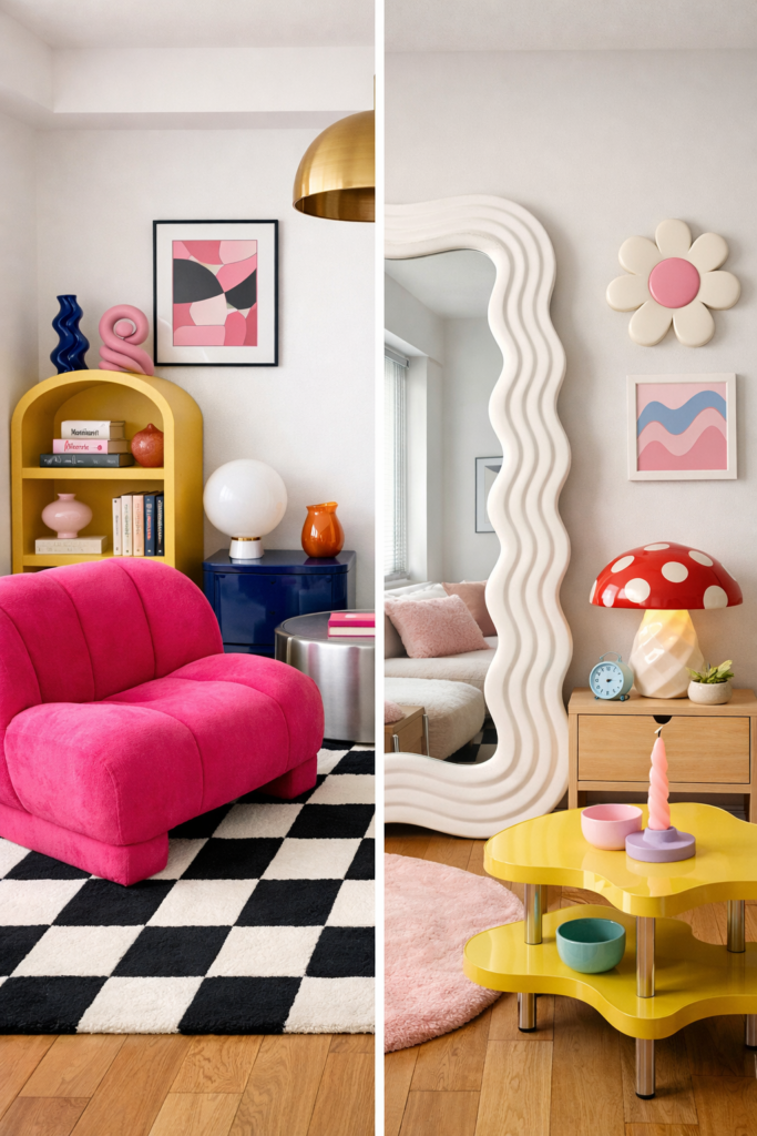 Split interior visual showing one side bold funky house decor with checkerboard rug and hot pink chair, other side quirky room decor with mushroom lamp and wavy mirror, cohesive color palette tying both together.