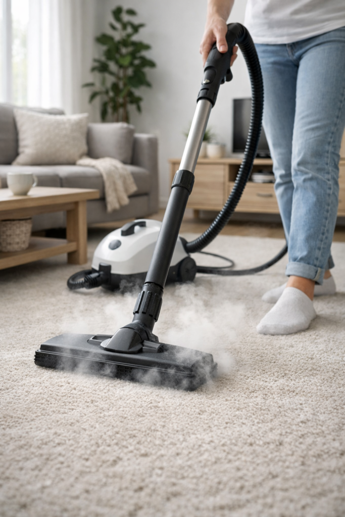 Steam cleaner in use on carpet with light steam visible, clean modern living room.