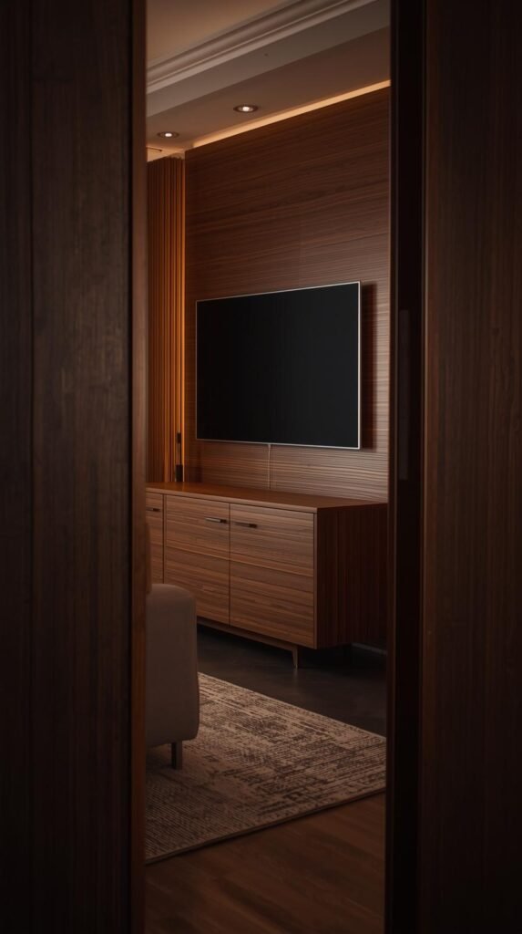 TV stand wrapped in dark walnut contact paper, mounted TV above, warm lighting, neutral sofa, textured rug, cozy but dramatic living room atmosphere.