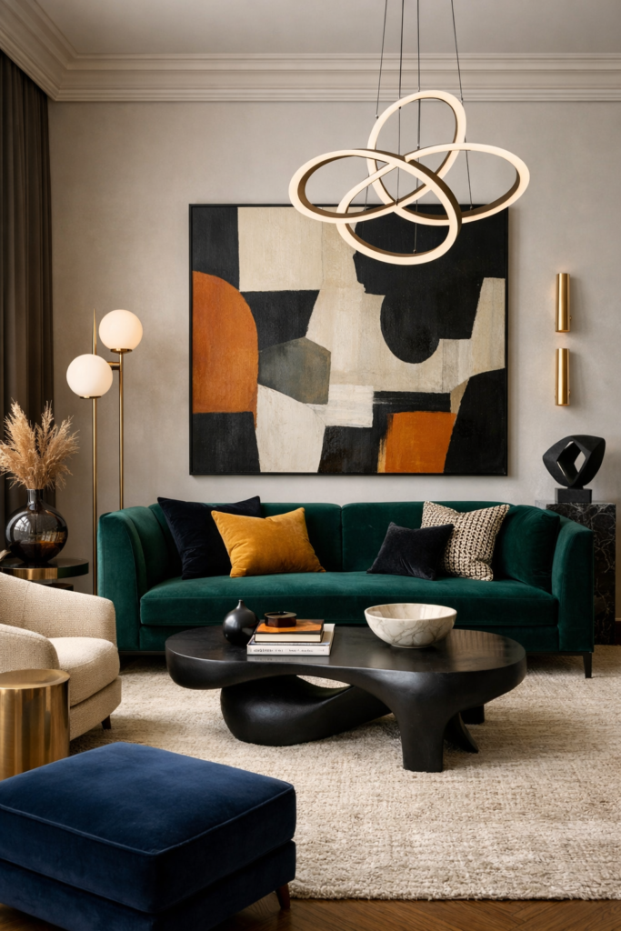 Timeless dopamine-inspired living room with bold but classic foundation pieces, statement sofa in deep jewel tone, modern sculptural lighting, large abstract art, balanced color repetition, clean architectural lines, elevated textures, calm but expressive atmosphere, refined maximalist aesthetic, editorial interior photography, vertical 916