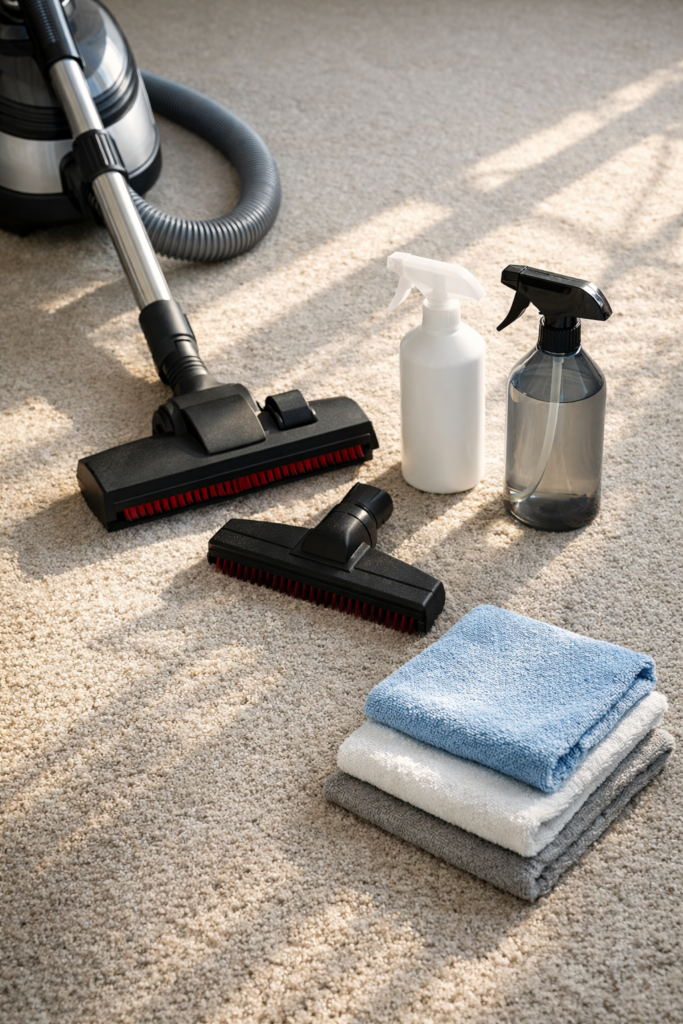 Vacuum, stiff carpet brush, microfiber cloths, and spray bottles neatly arranged on a clean neutral surface.