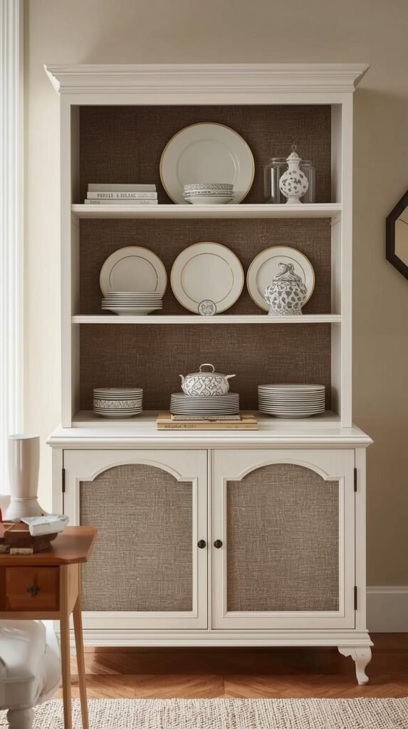 Vintage-style hutch with inset panels covered in grasscloth peel and stick wallpaper, outer frame neutral white, styled plates inside.