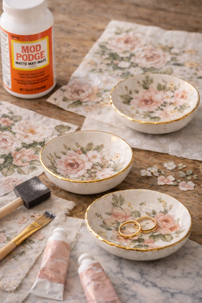 white ceramic trinket dishes decorated with delicate floral napkin designs.