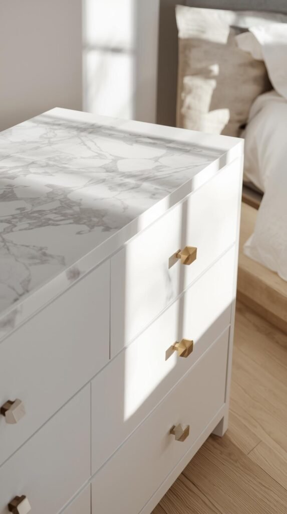 Contact Paper Furniture- White dresser styled with realistic marble contact paper top, brushed gold drawer pulls, soft neutral bedding in background