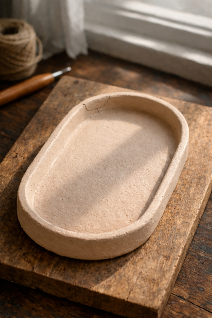 Air dry clay tray placed near bright window with sunlight hitting one side, slight visible cracking on edge, soft matte beige tone clay, contrast between sunlit and shaded areas, minimalist craft workspace